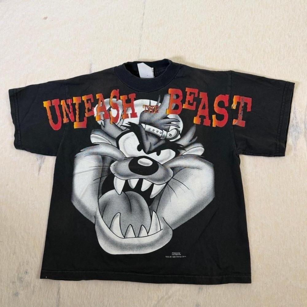 Vintage 1995 Looney‎ Tunes Taz Unleash the Beast T-Shirt Black Tee Youth Medium
